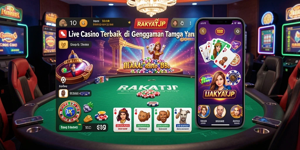 Screenshot gameplay RAKYATJP menampilkan dealer langsung dalam suasana kasino.
