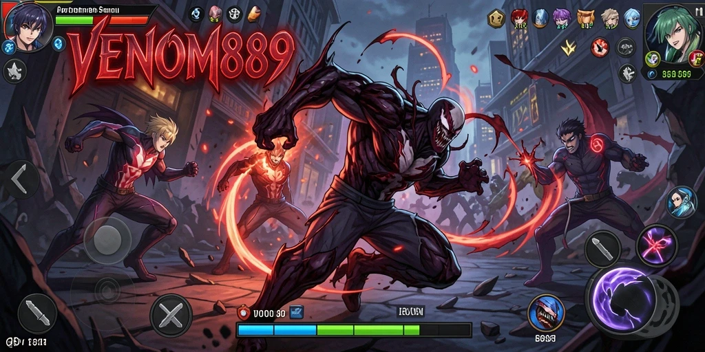 Tampilan gameplay <strong>VENOM889</strong> yang menonjolkan pertarungan menegangkan antar karakter anime.